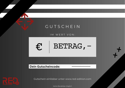 Gutscheinbild von RED mit grauem Hintergrund und rotem Pfeil