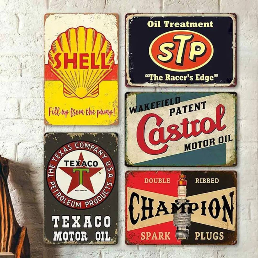 5 Stück Metallschilder unterschiedlichster Marken, wie Shell, Champion, Castrol, STP und Texaco