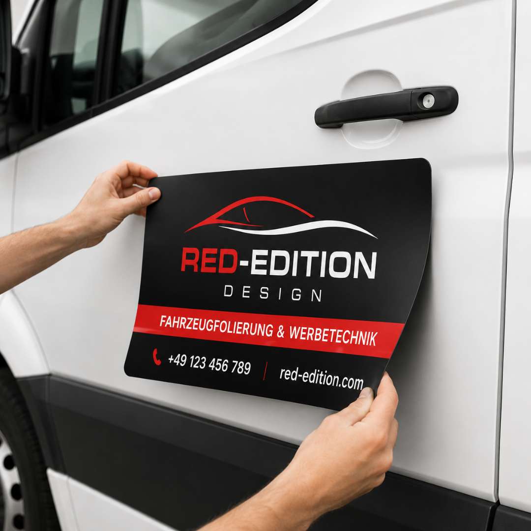 Magnetfolie für Firmenwerbung wird auf einer weißen Fahrzeugtür angebracht und flexibel positioniert