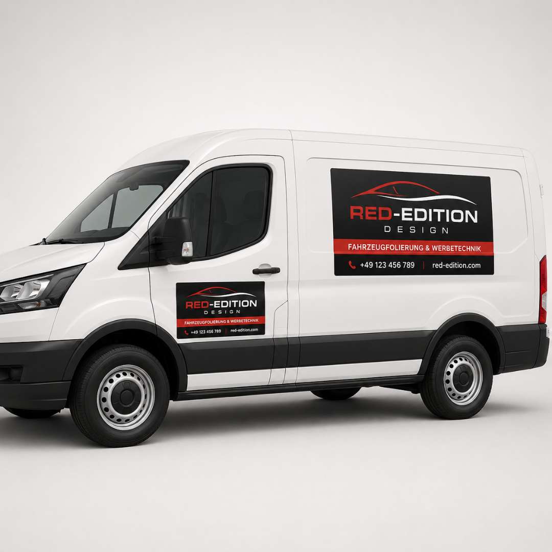 Individuell bedruckte Magnetfolie für Firmenfahrzeuge auf weißem Transporter mit Red-Edition Design Werbebeschriftung
