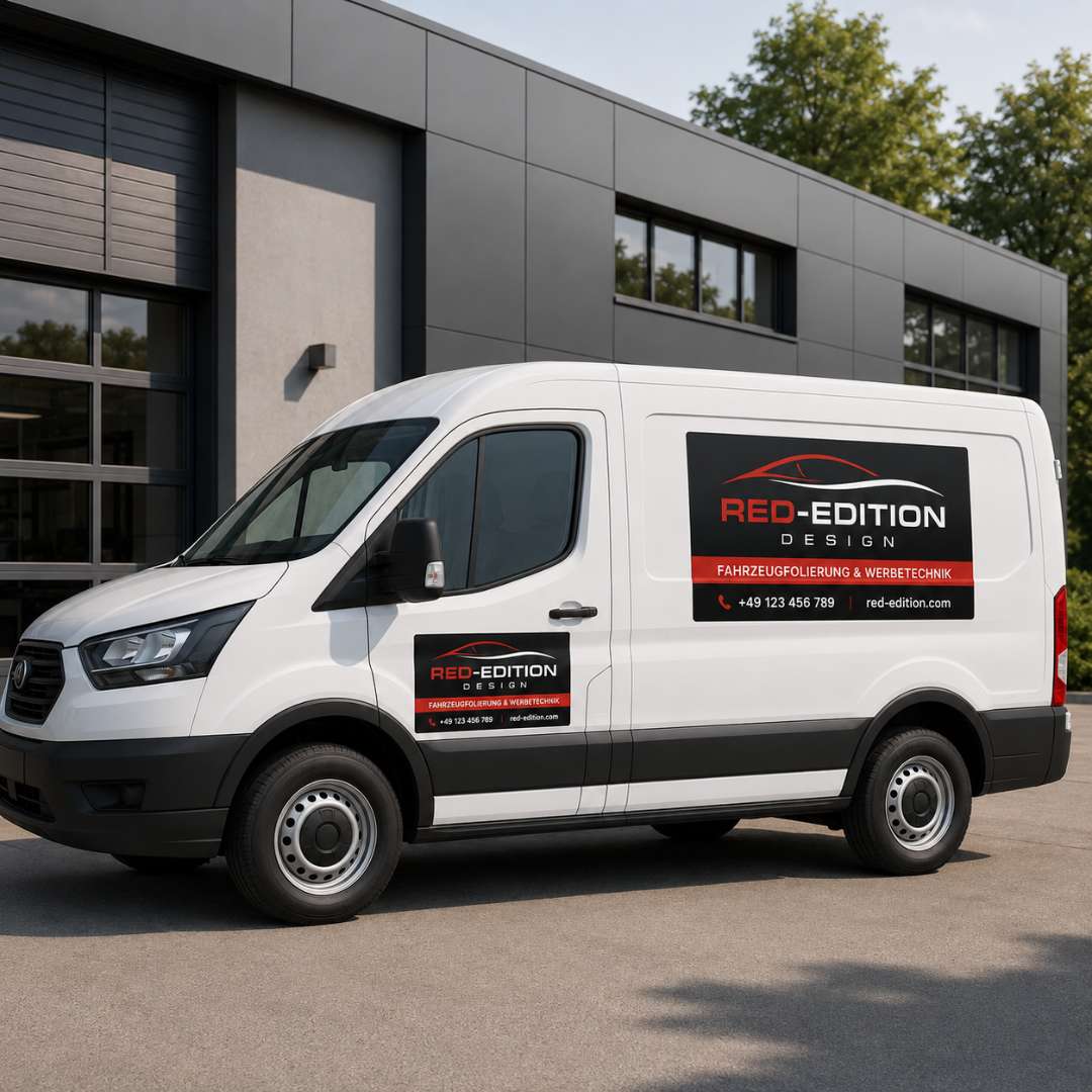 Weißer Firmenwagen mit individuell bedruckten Magnetfolien vor modernem Betriebsgebäude als flexible Fahrzeugwerbung